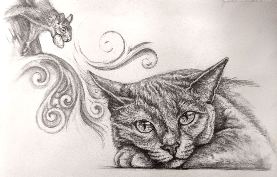 drawing of a cat with visions of a squirrel he hears in the distance