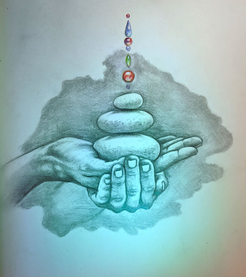 drawing of hands holding a stack of rocks