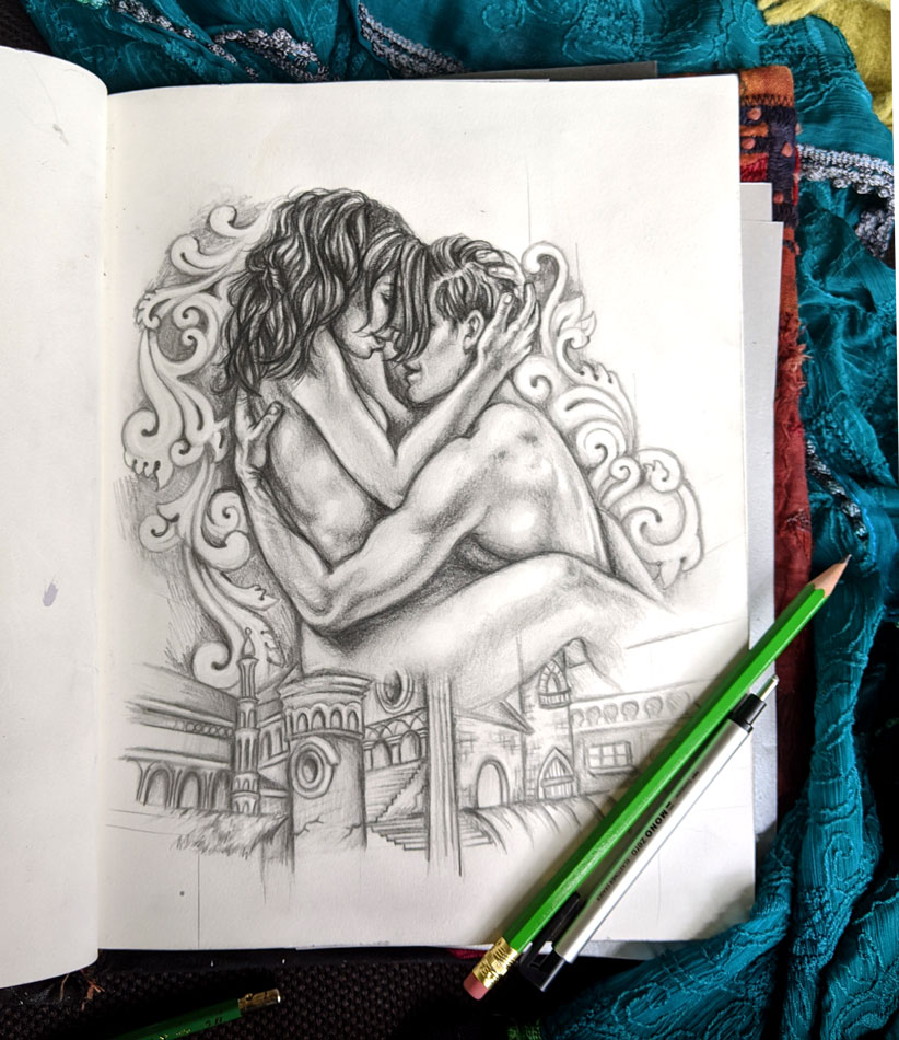 a woman sitting in a man's lap on top of architecture