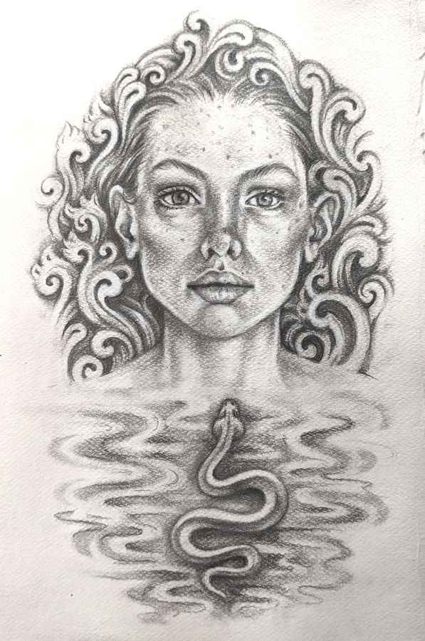 drawing of a girl surrounded by swirls with a snake below