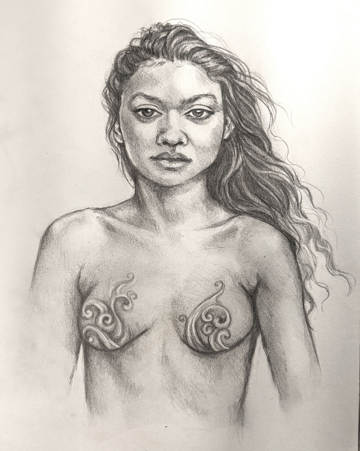 drawing of a woman with long hair and ornamentation on her breasts