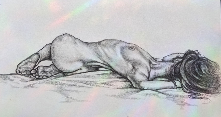 drawing of a nude woman laying down, facing away from the viewer, with knees bent