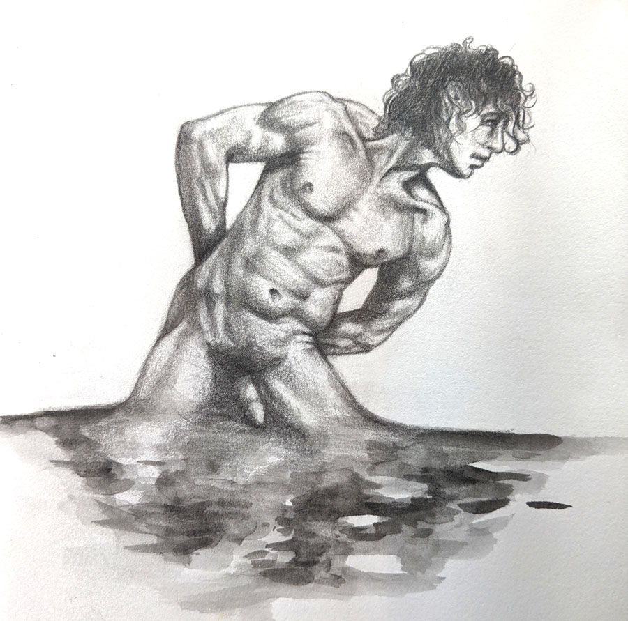 graphite drawing of a nude man with hands behind his back, melting into liquid