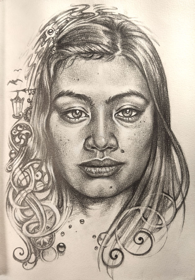drawing of a woman's face with dreams and memories tangled in her hair