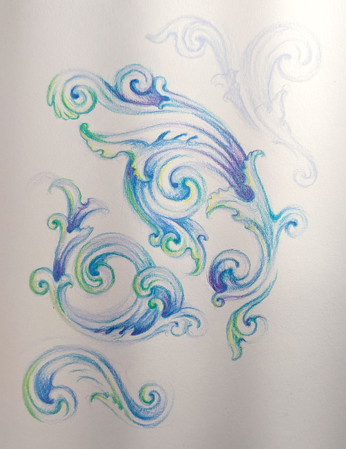 colored pencil drawing of rococo swirls