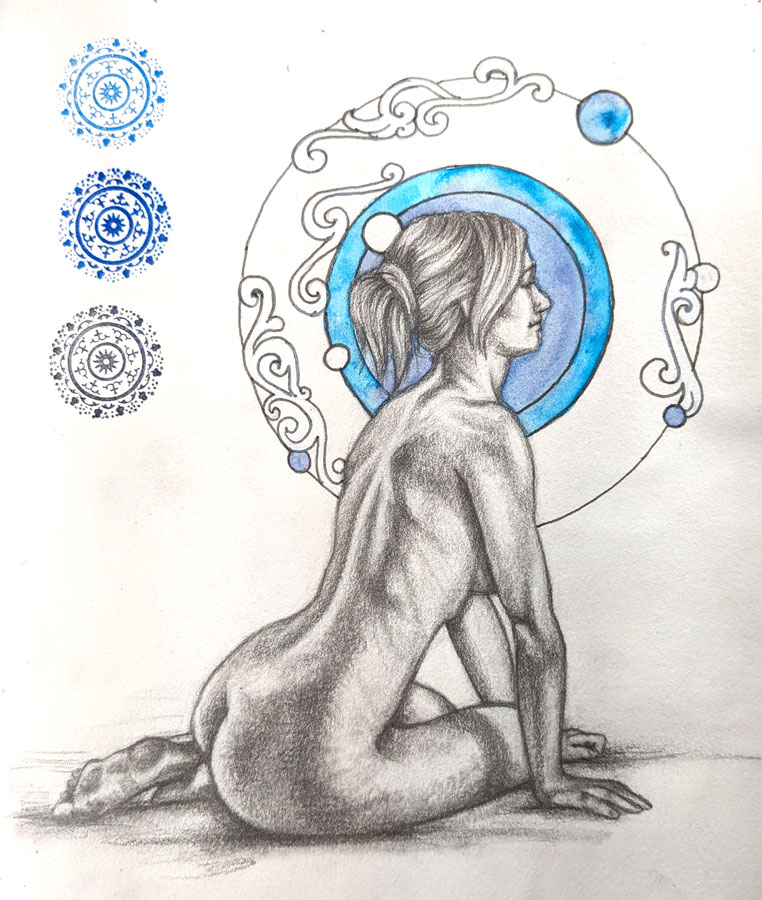 graphite drawing of seated nude with blue oramentation