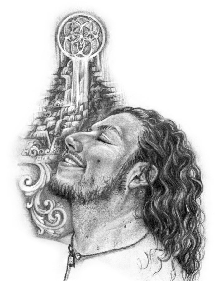 drawing of a handsome man and a waterfall