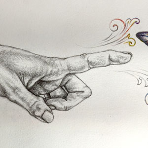 detail of a hand pointing to a butterfly