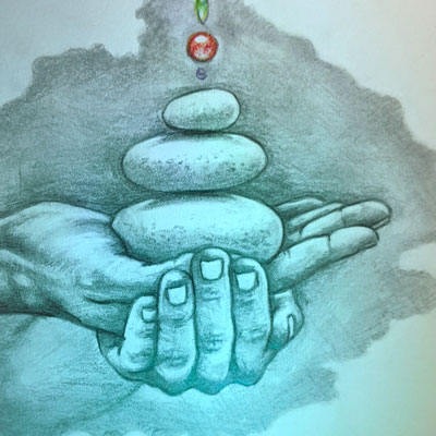 drawing of hands holding a stack of rocks