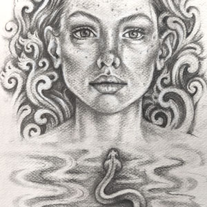 detail of a woman's face and snake