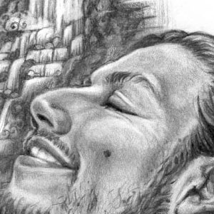 drawing of a handsome man and a waterfall