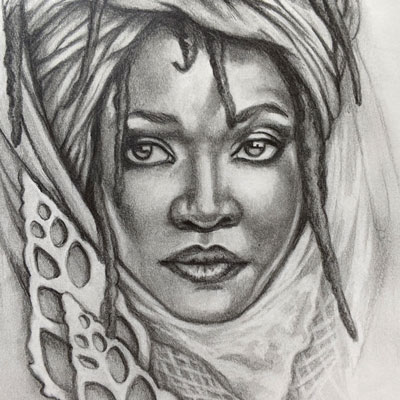 portrait of a woman with a turban and shell