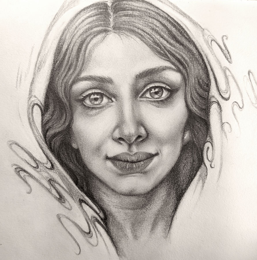 graphite drawing of a woman with large eyes