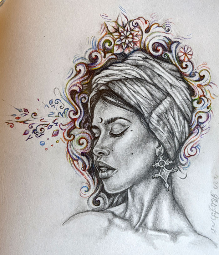 portrait of a woman with a colorful turban