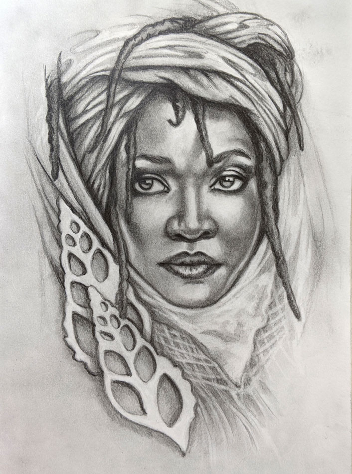 portrait of a woman with a turban and shell
