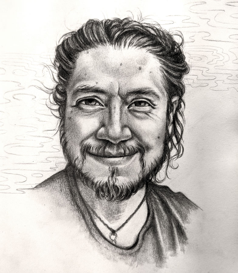 graphite portrait of Yair with a kind smile