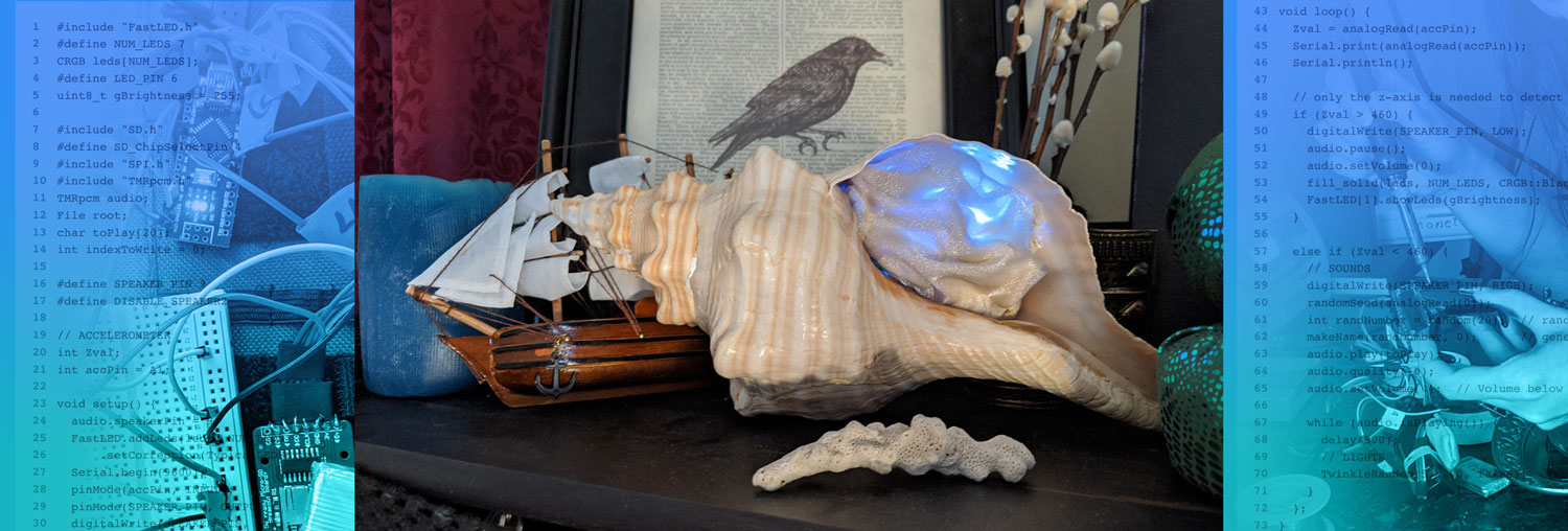 a large seashell with electronic lights shining from within on a shelf with a toy sailing ship