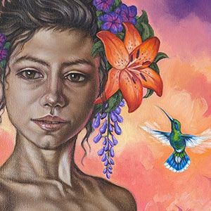 painting of a woman with flowers in her hair, close up detail