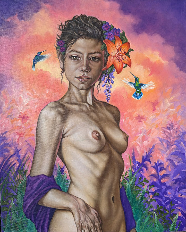 painting of a nude woman with flowers in her hair, being visited by hummingbirds on each side