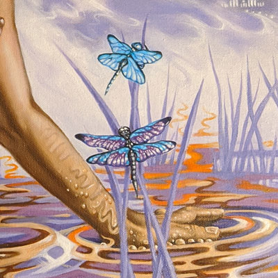 painting of a woman wading through water with dragonflies