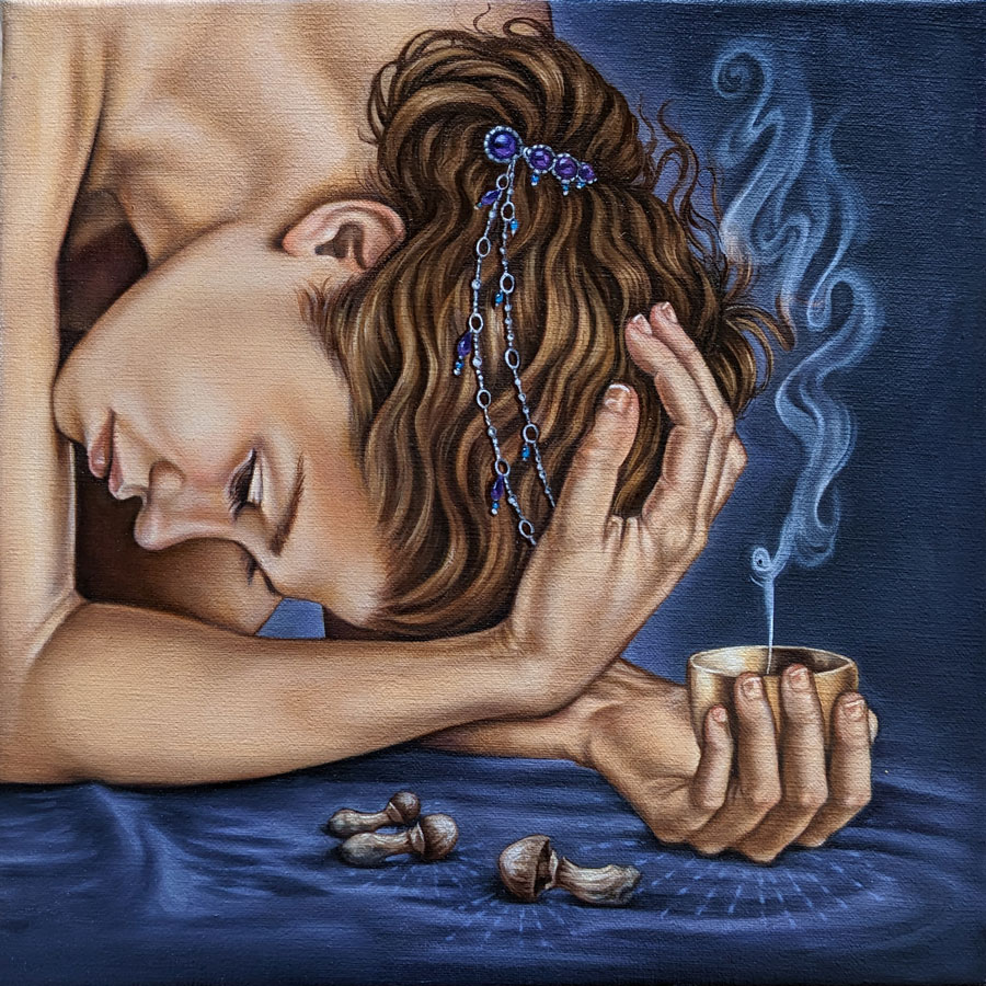 painting of a woman with mushroom tea