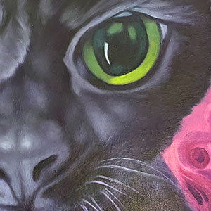painting of a black cat, close up detail