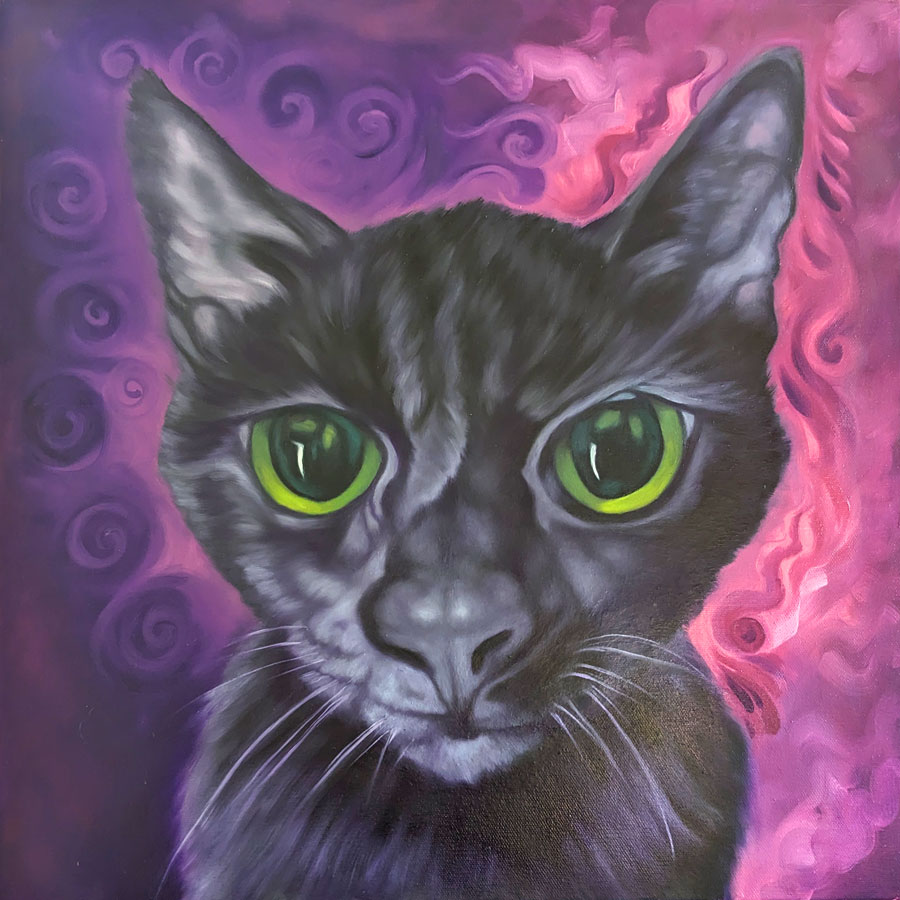 painting of Hotaru, a black cat with very large eyes, close up on a purple and pink swirling background