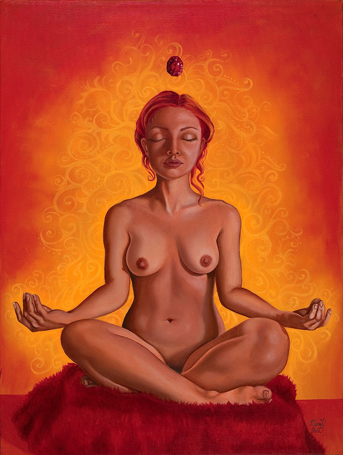 painting of meditating woman with a red jewel floating over her head