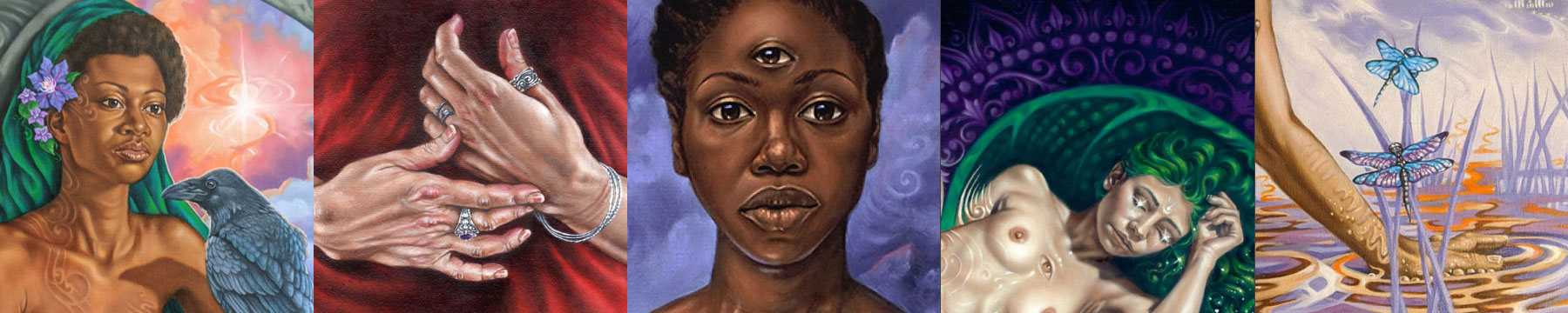 a filmstrip montage of oil paintings of mystical female figures and insects