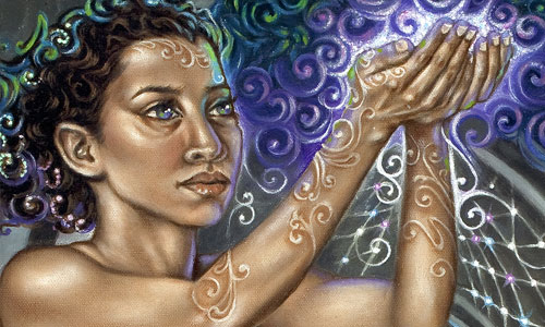 painting of Psyche in a stone chamber