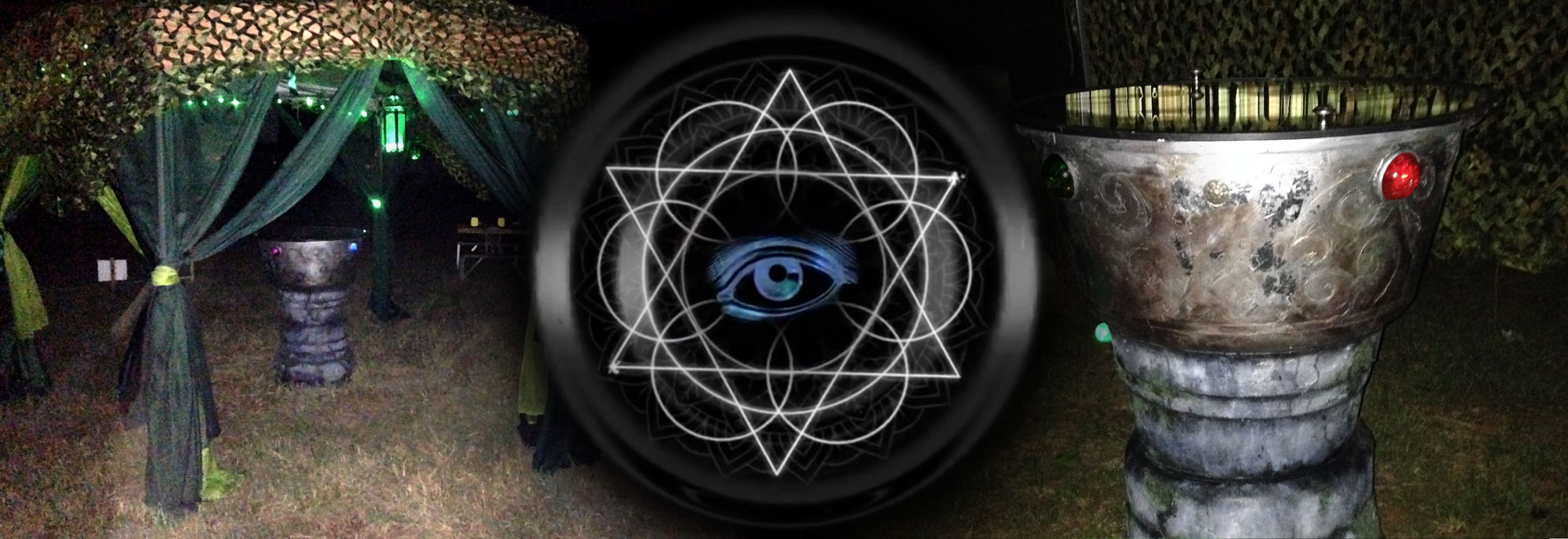 mystical scrying mirror interactive electronic art, two images of the sculpture framing an image of one of the animated visions
