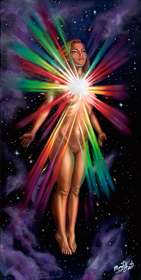 painting of a woman floating and emanating a colorful spectrum 