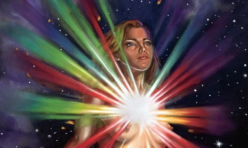 painting of a woman floating and emanating a colorful spectrum