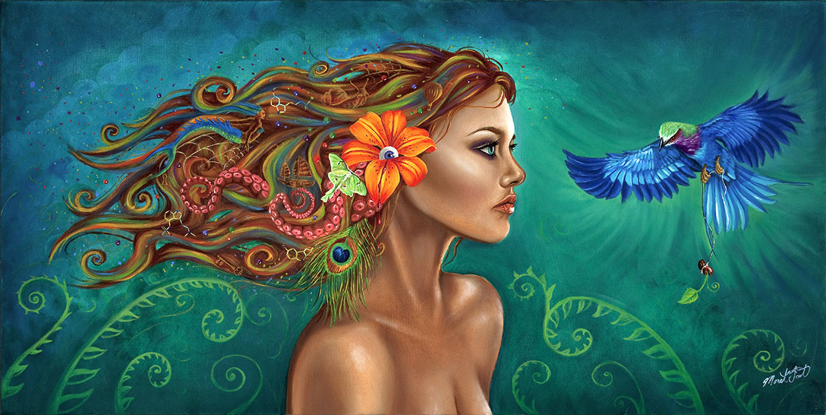 painting of a woman with her dreams in her hair in the form of miniature images of a ship, mermaid, flower, and more
