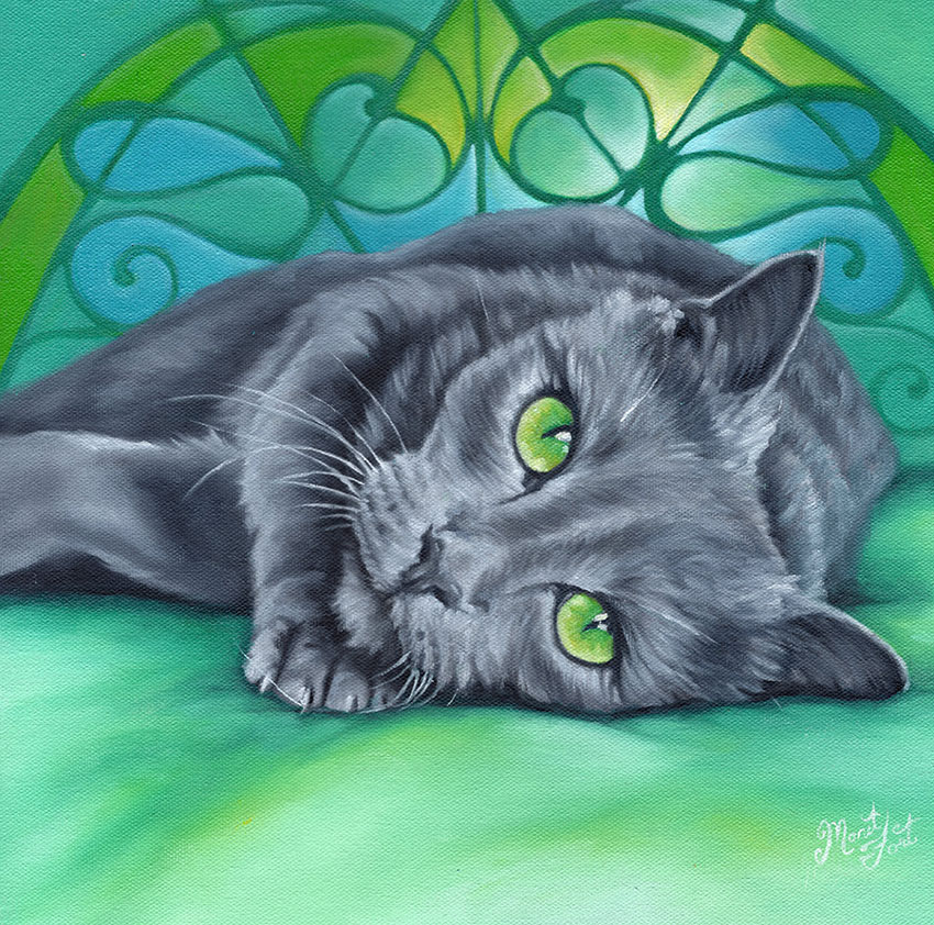 painting of a gray, green-eyed cat in front of a green art nouveau window