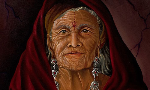 painting of an elder woman divining with stones