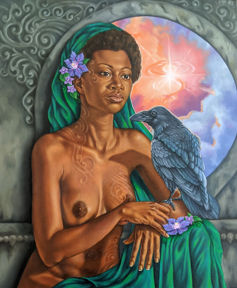 painting of a woman and her raven looking out a window