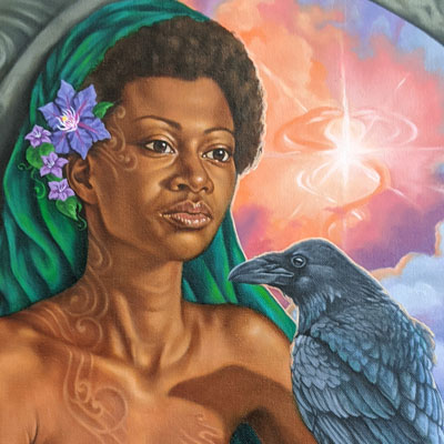 painting of a woman and her raven looking out a window