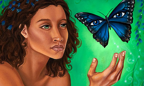 painting of a butterfly visiting a woman in the forest