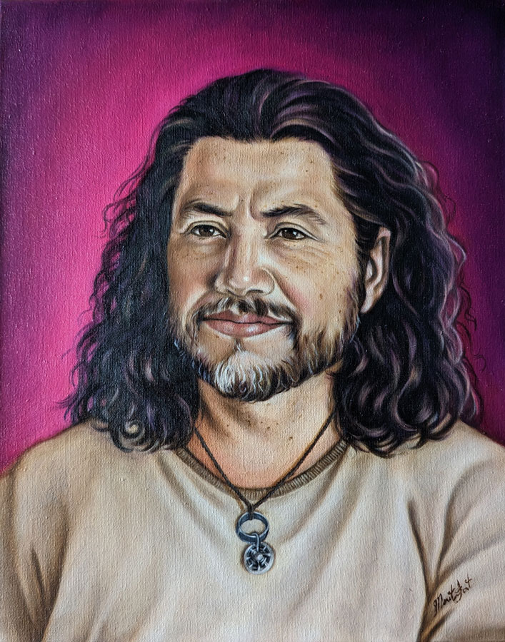 painting of Yair, a handsome man with a beard and long curly hair