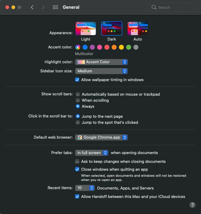 dark mode in Mac OS 11