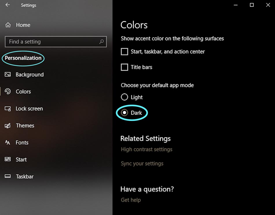 dark mode in Windows 10