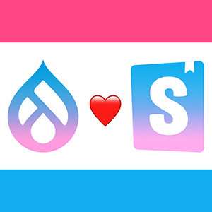 drupal logo, heart, storybook logo