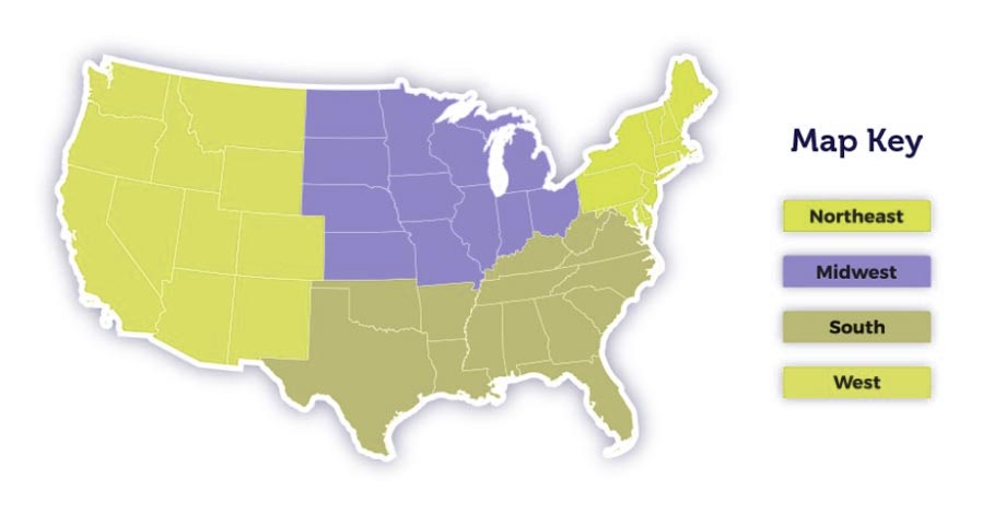 example of a color coded map of the United States seen with deuteranopia