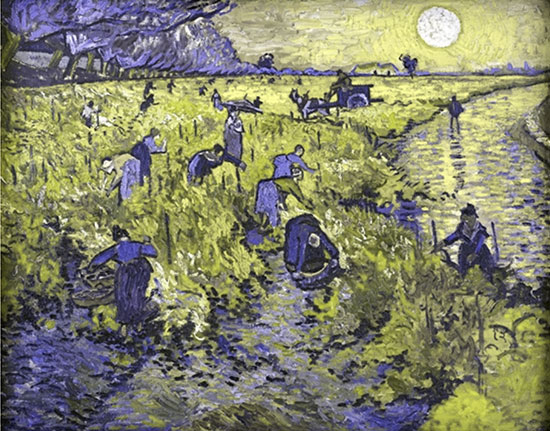 The Red Vineyard painting with deuteranopia filter