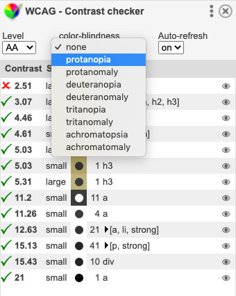 WCAG extension showing a menu of different types of vision