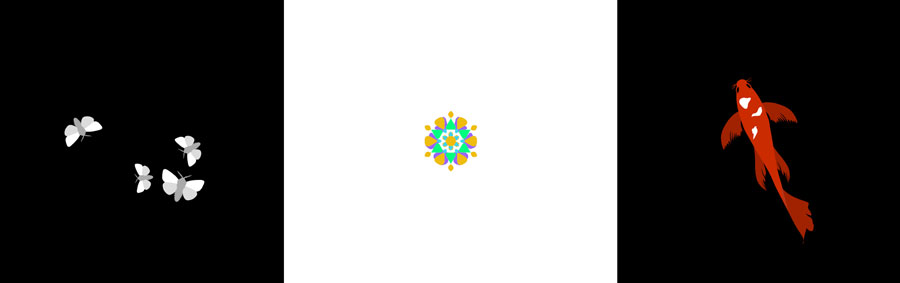 animated moths, mandala, and koi fish