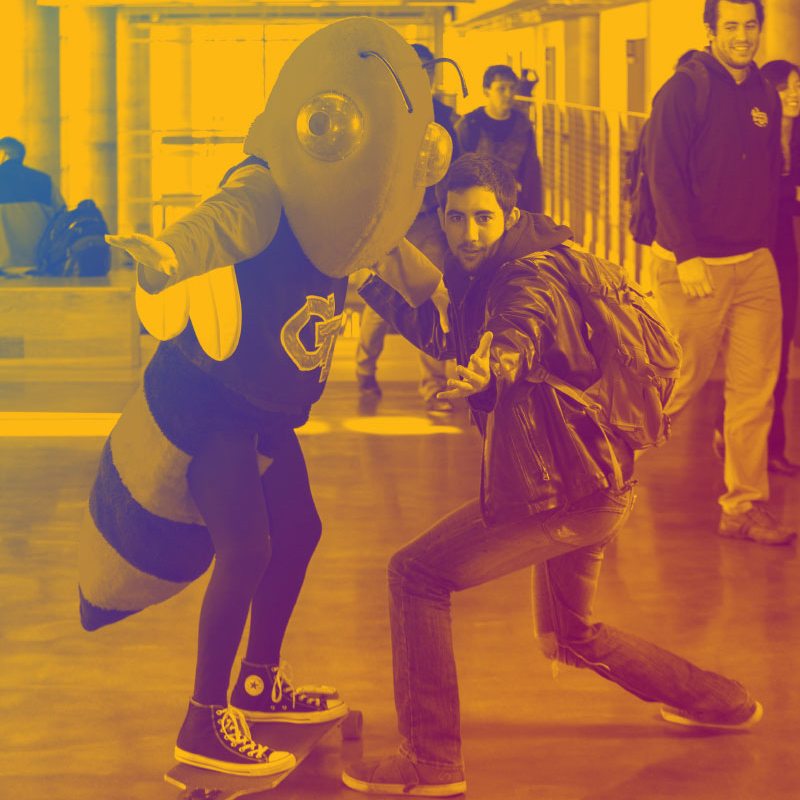 a student on a skateboard with Buzz