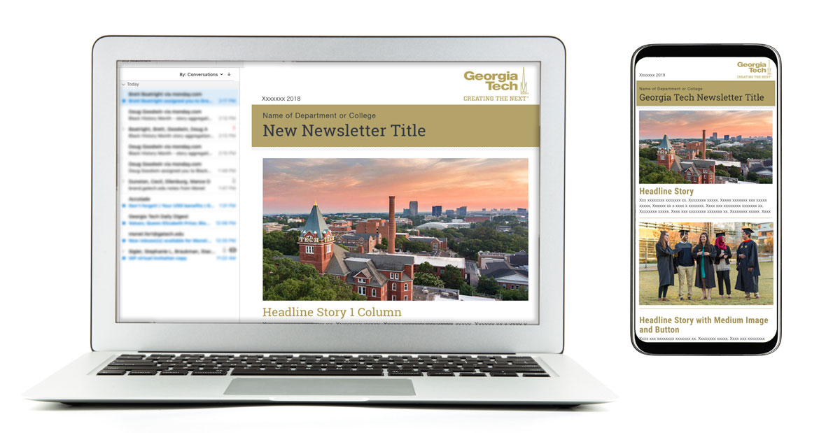 the email newsletter template on desktop and mobile