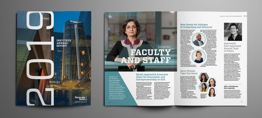 branded annual report cover and inside spread